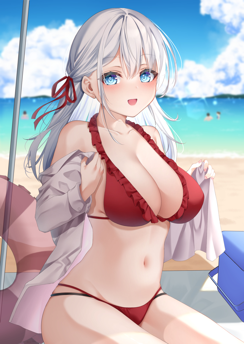 This is a pixiv picture whose title is 「ほら！早く脱いで！！海入ろう…！！！」.