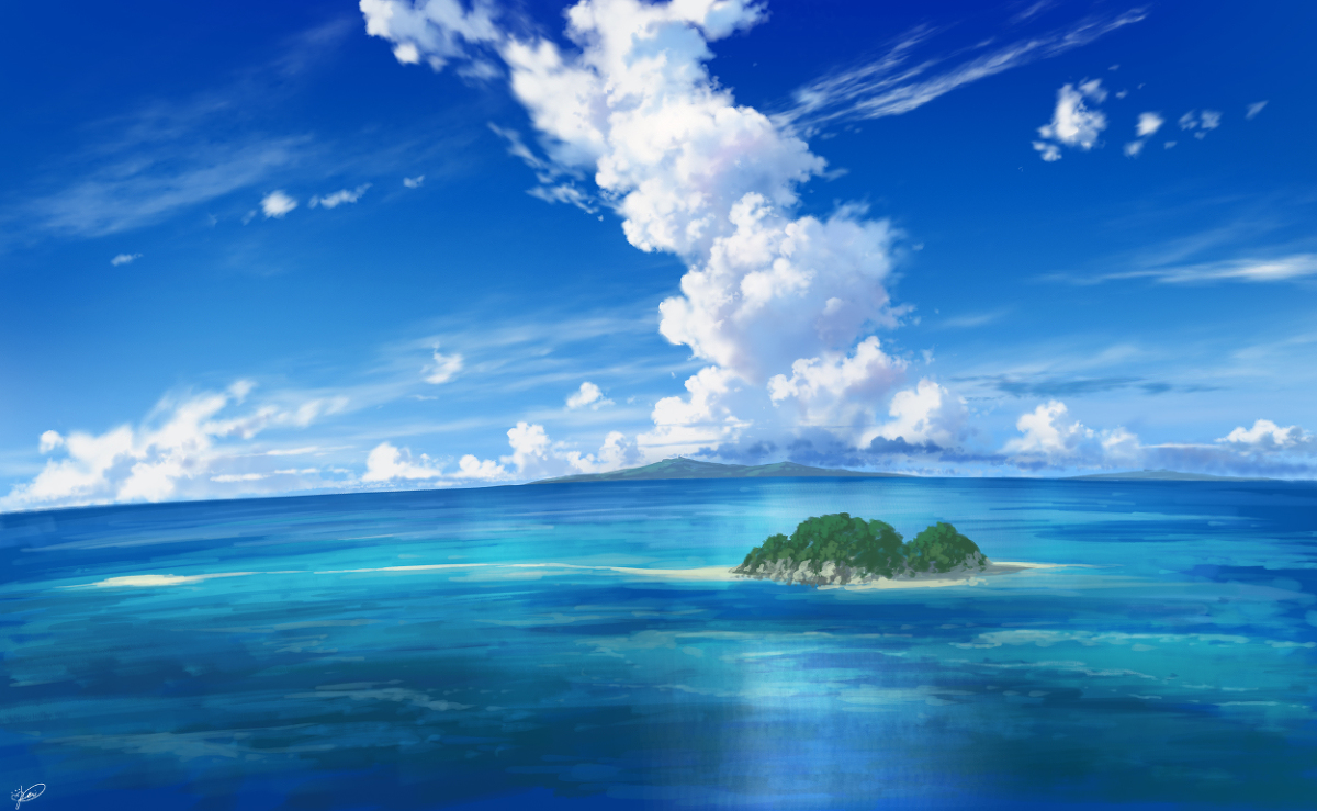 This is a pixiv picture whose title is 真夏の入道雲と南国の海.