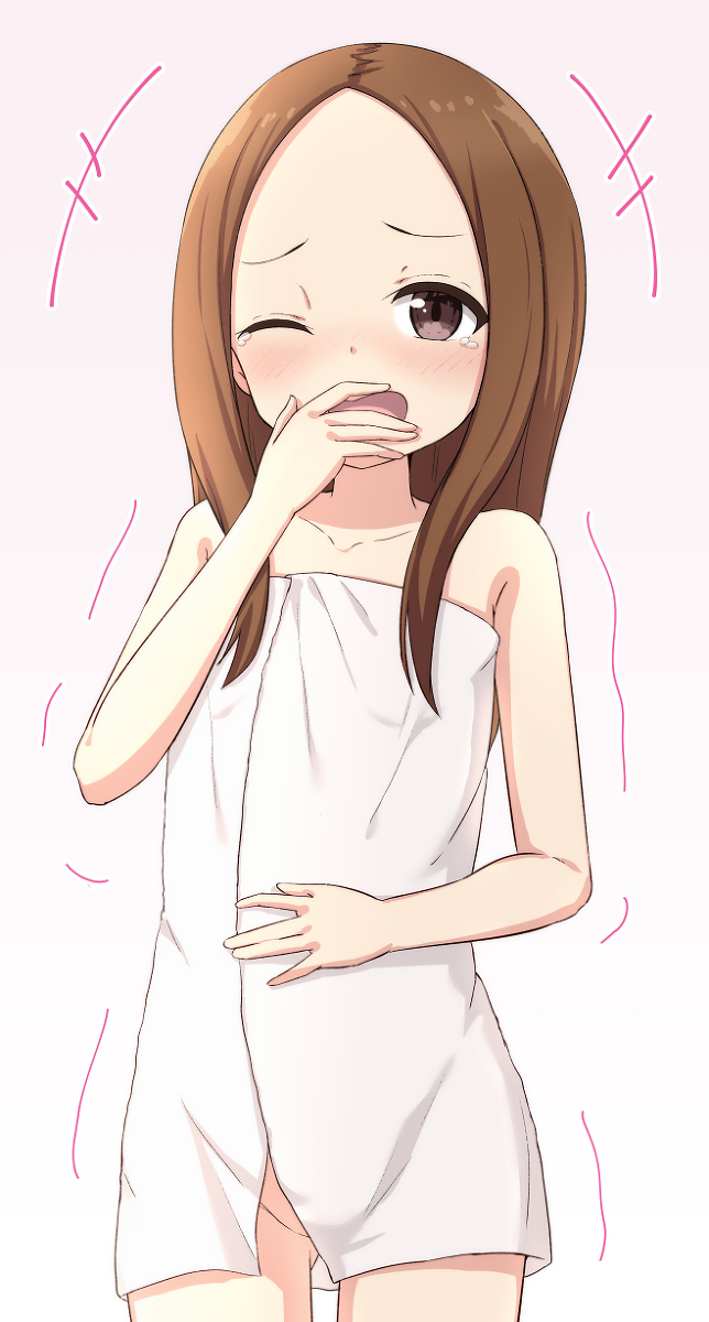 This is a pixiv picture whose title is バスタオル1枚で西片をからかって爆笑してる高木さん.