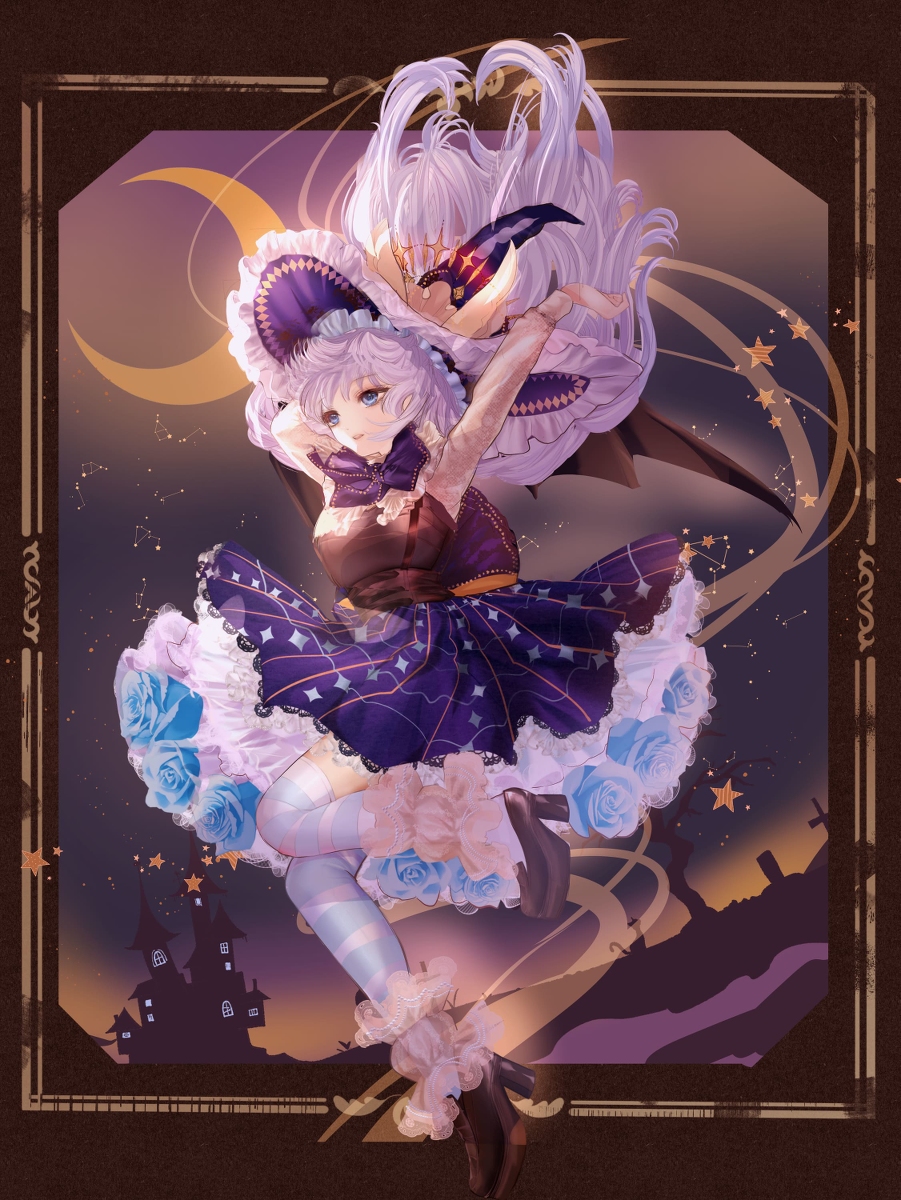 This is a pixiv picture whose title is 月夜のハロウィン魔女(全身版).