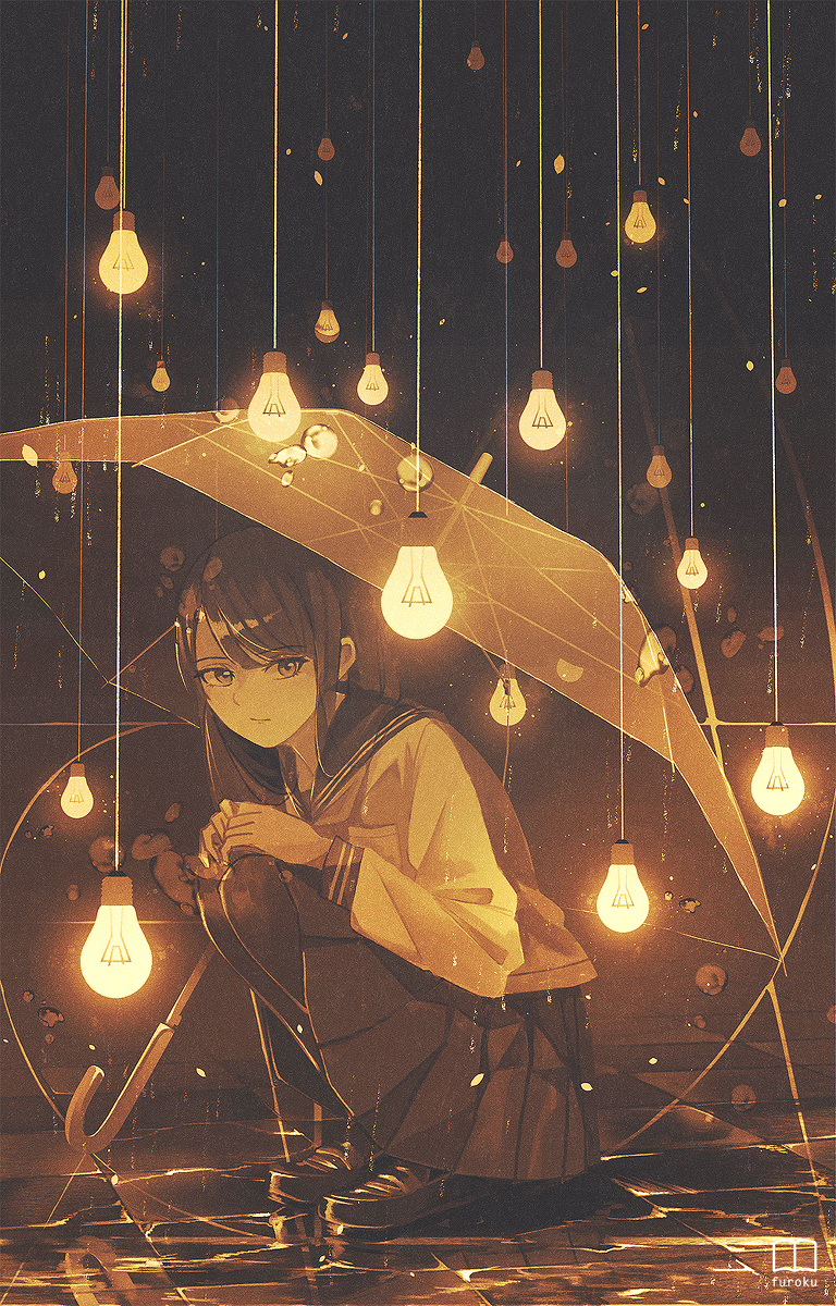 This is a pixiv picture whose title is 雨の灯り.