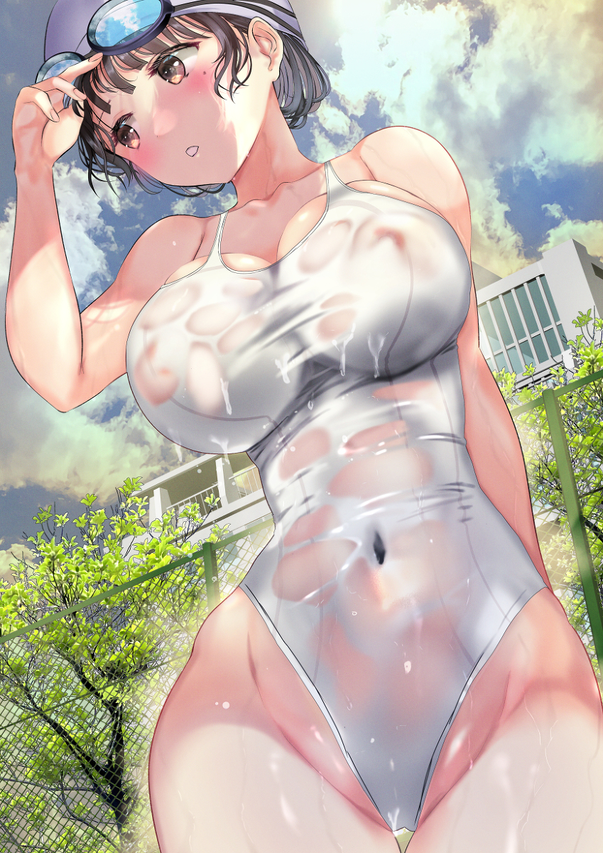This is a pixiv picture whose title is 水着が小さい水泳部コーチ⑥濡れ透け競泳水着バージョン.