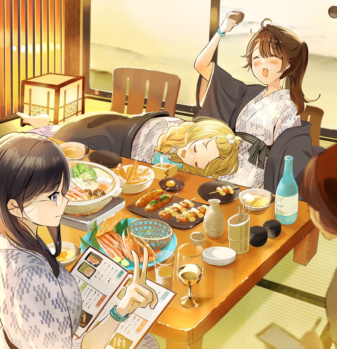 This is a pixiv picture whose title is 温泉旅行に行ってお酒を楽しむ女子大生3人組.