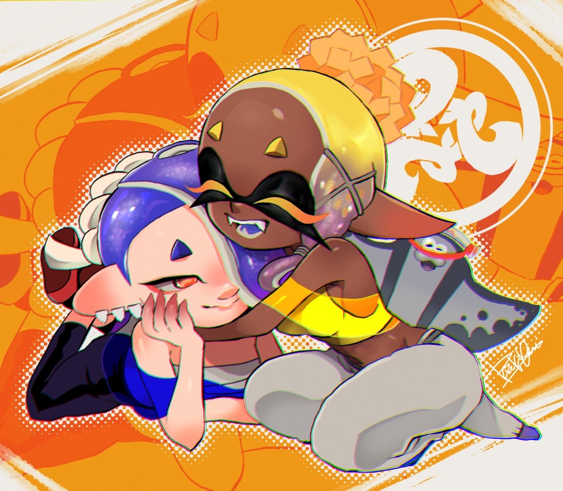 This is a pixiv picture whose title is 🧡💙⚪.