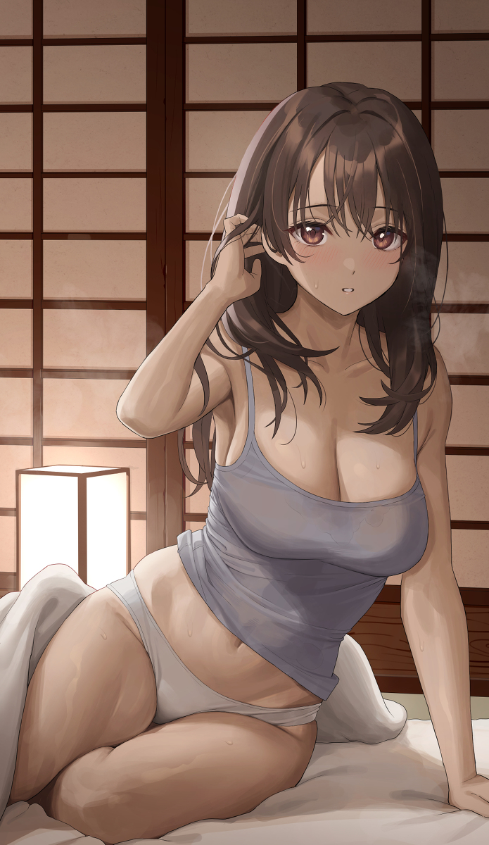 This is a pixiv picture whose title is 蒸し暑くて眠れない夜、従姉妹と目が合った.