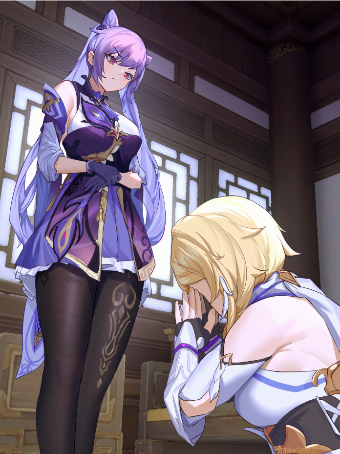 This is a pixiv picture whose title is 祈求不歪而对刻晴求情的屑荧.
