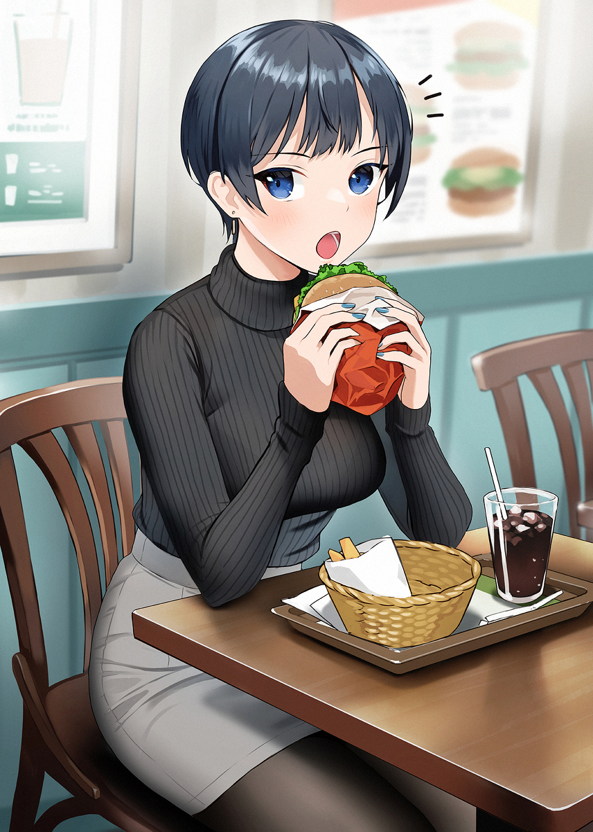 This is a pixiv picture whose title is お昼休みにハンバーガー店に行ったら桐東先輩に会った.
