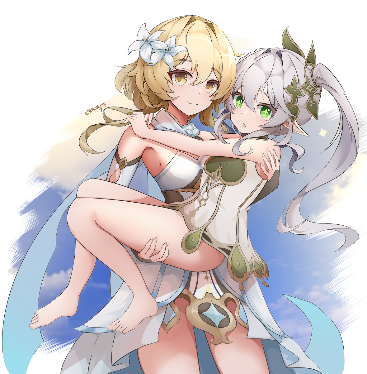 This is a pixiv picture whose title is 旅行者和纳西妲.