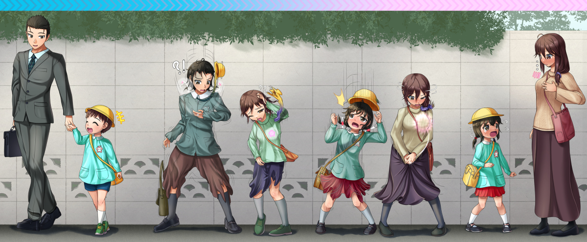This is a pixiv picture whose title is 通園中の父親と息子が娘と母親に変えられる年齢逆転TSシークエンス.