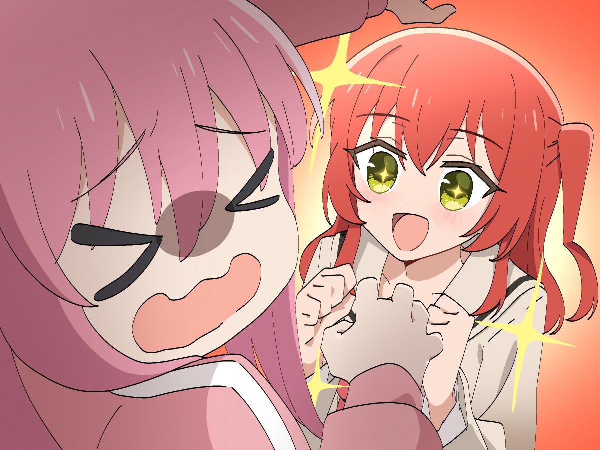 This is a pixiv picture whose title is 目を合わせられないぼっちちゃん with 喜多ちゃん.