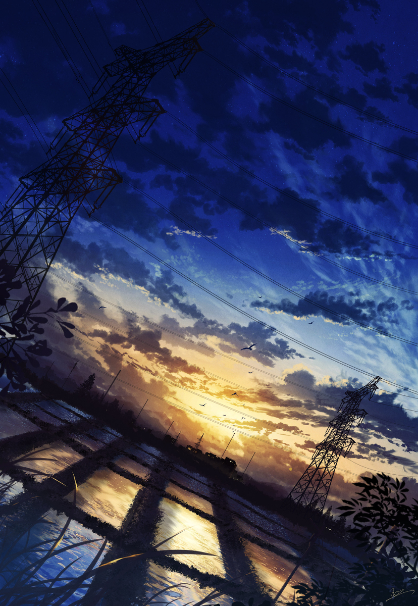 This is a pixiv picture whose title is 風景画【夜明けの水田】.