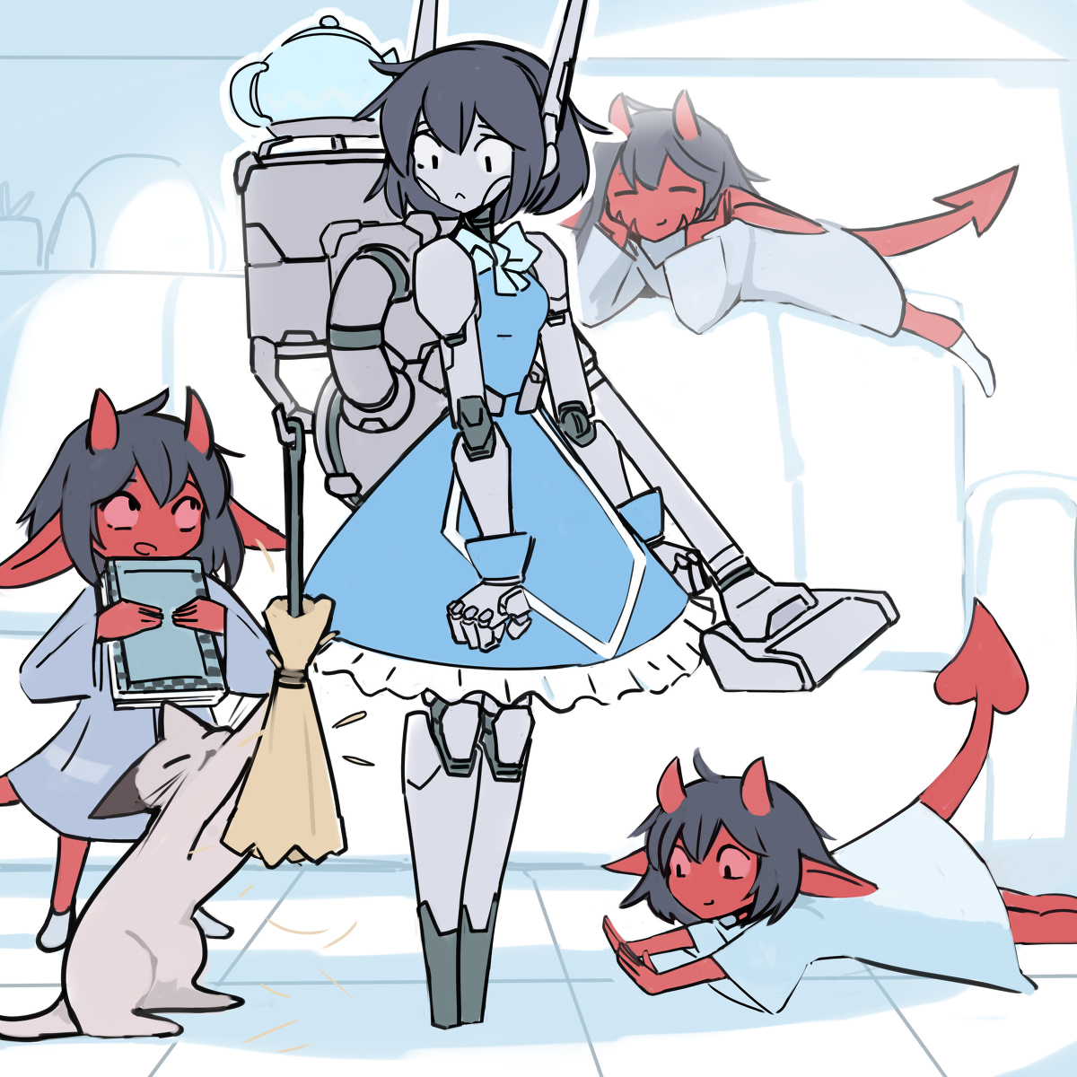 This is a pixiv picture whose title is Demon family & robotmaid.