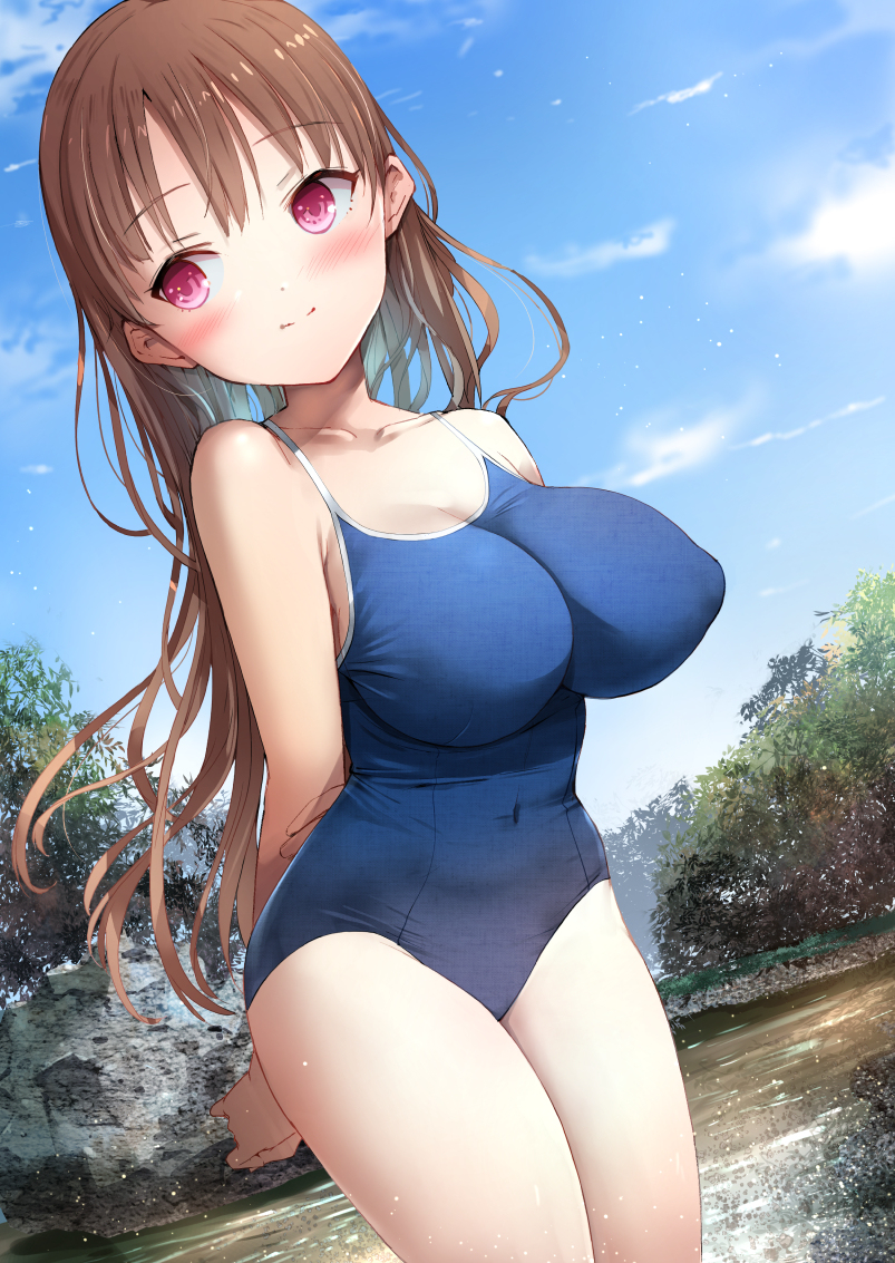 This is a pixiv picture whose title is 夏の日の川遊びでの妹のスク水.