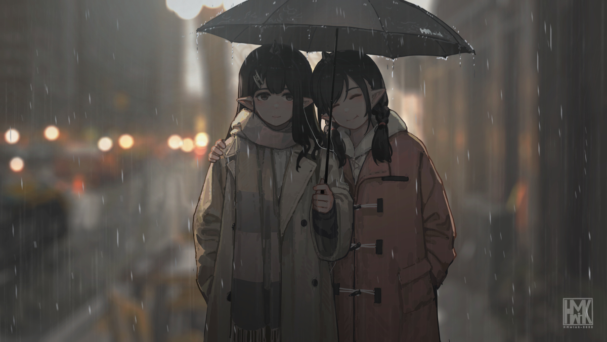 This is a pixiv picture whose title is 下雨天共用耳机的好姐妹.