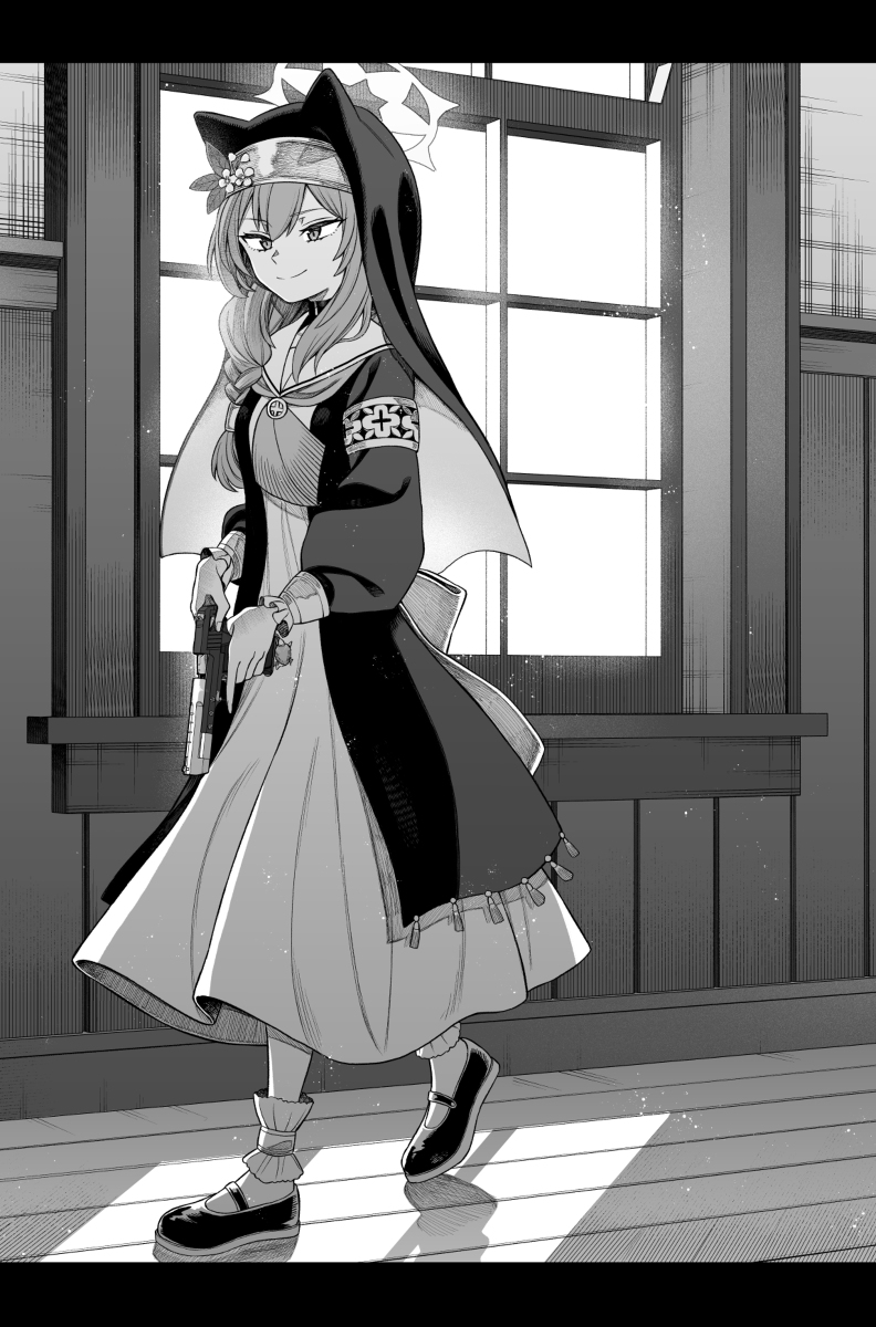 This is a pixiv picture whose title is 修道服とゴツい銃のギャップすき.