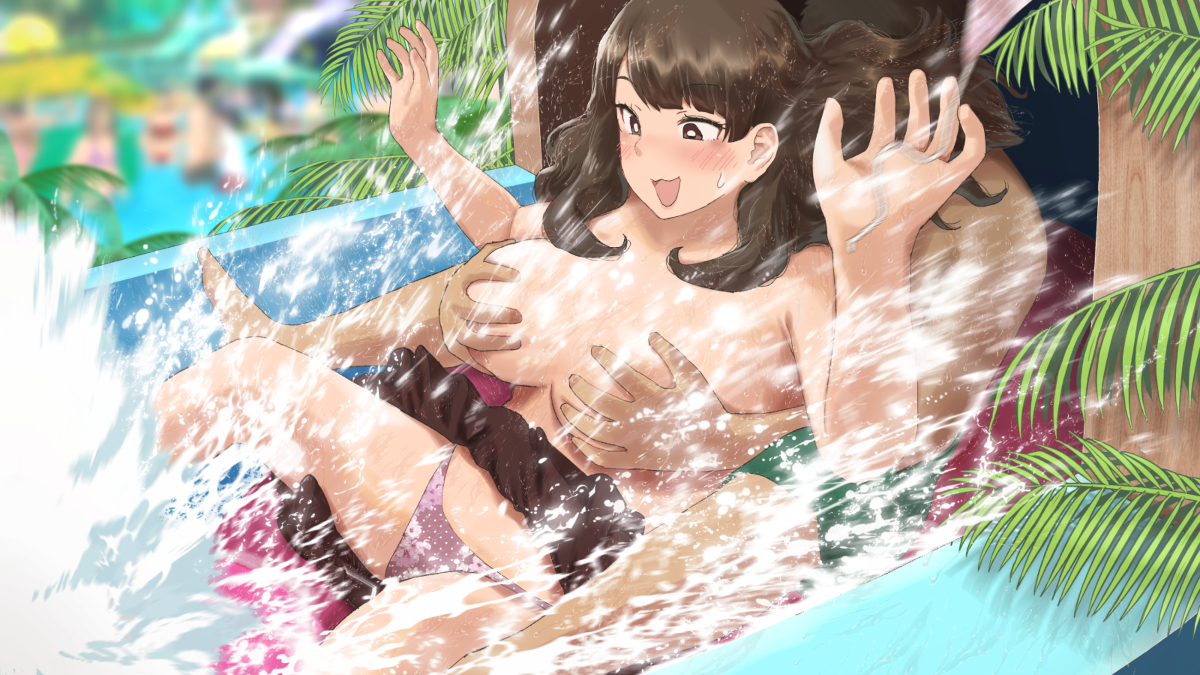 This is a pixiv picture whose title is 2人乗りウォータースライダーでポロリお姉さん.