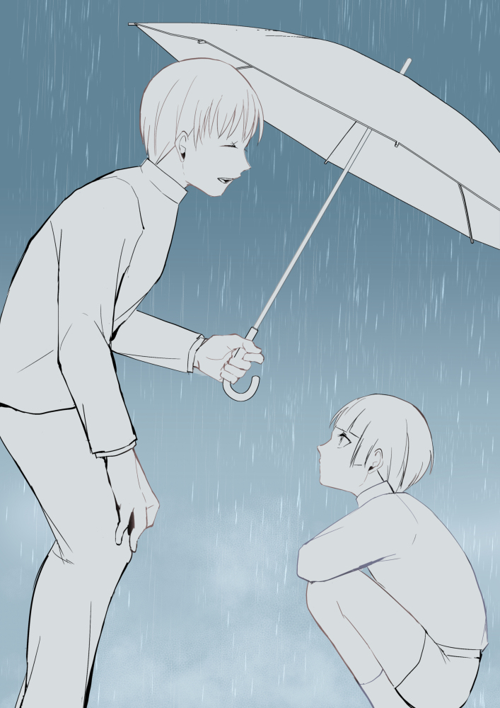 This is a pixiv picture whose title is 雨の日の小さい要くんと春人.