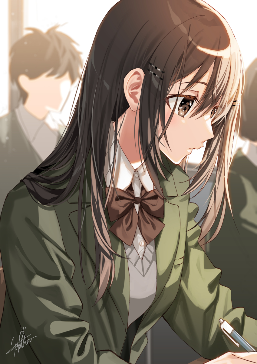 This is a pixiv picture whose title is 幼馴染の横顔に見とれていたら先生に怒られた.