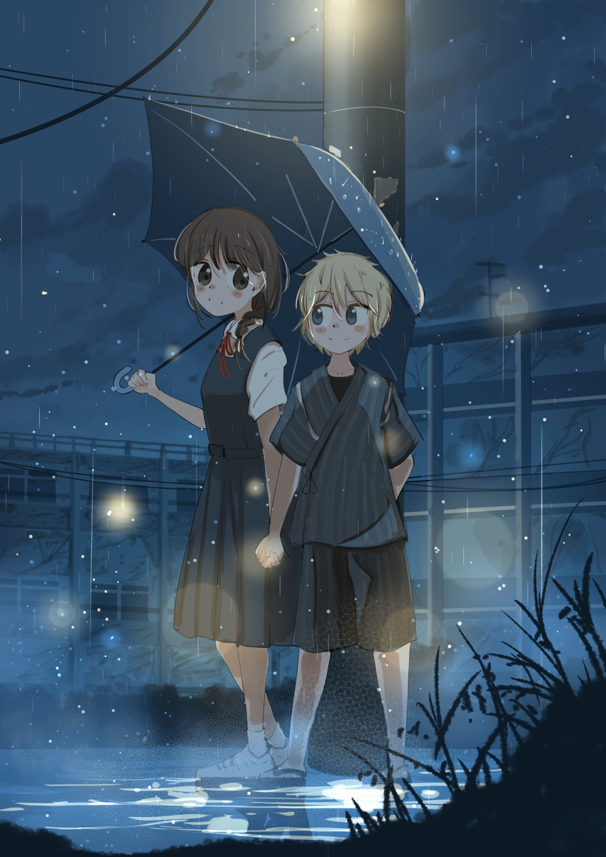 This is a pixiv picture whose title is 雨と傘とつないだ手.