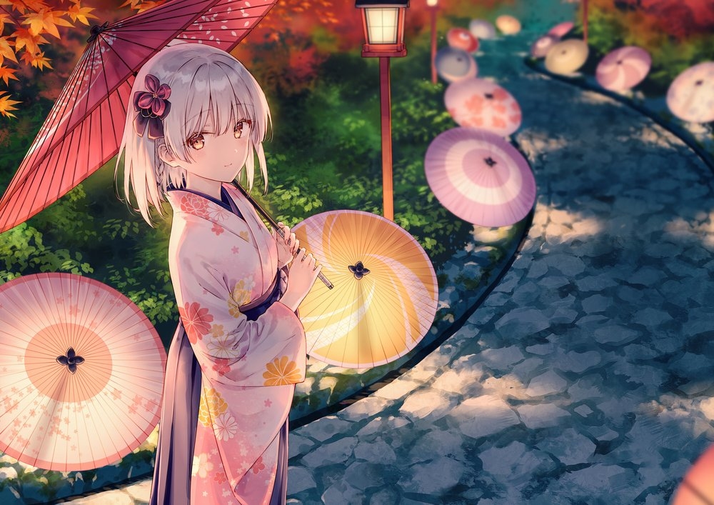 This is a pixiv picture whose title is 和傘灯り.