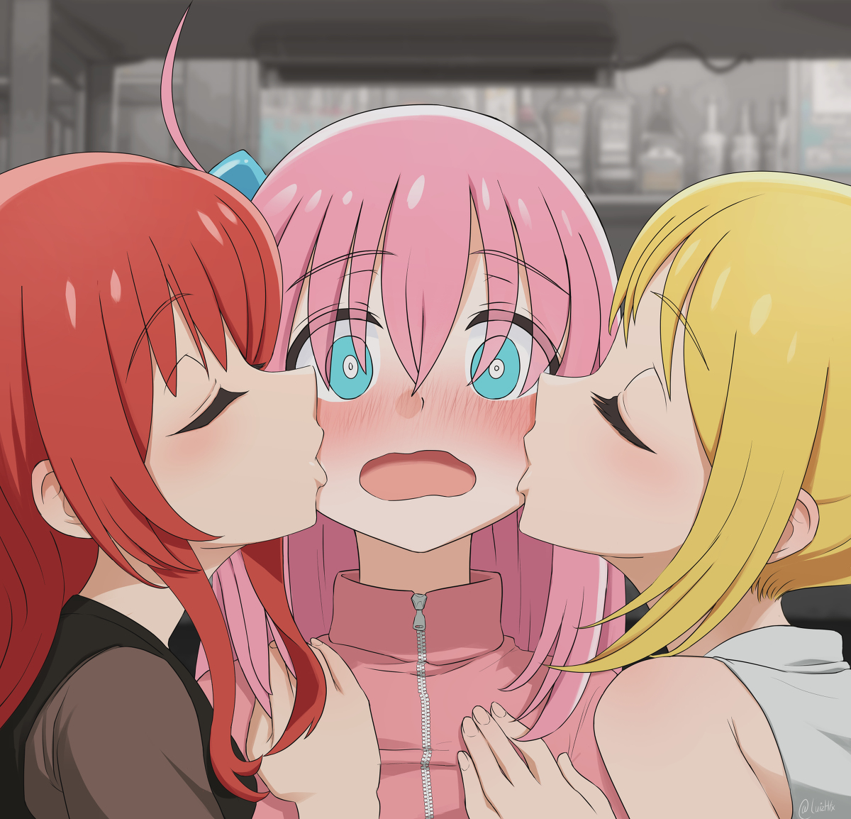 This is a pixiv picture whose title is Ikuyo 💋 Bocchi 💋 Nijika.