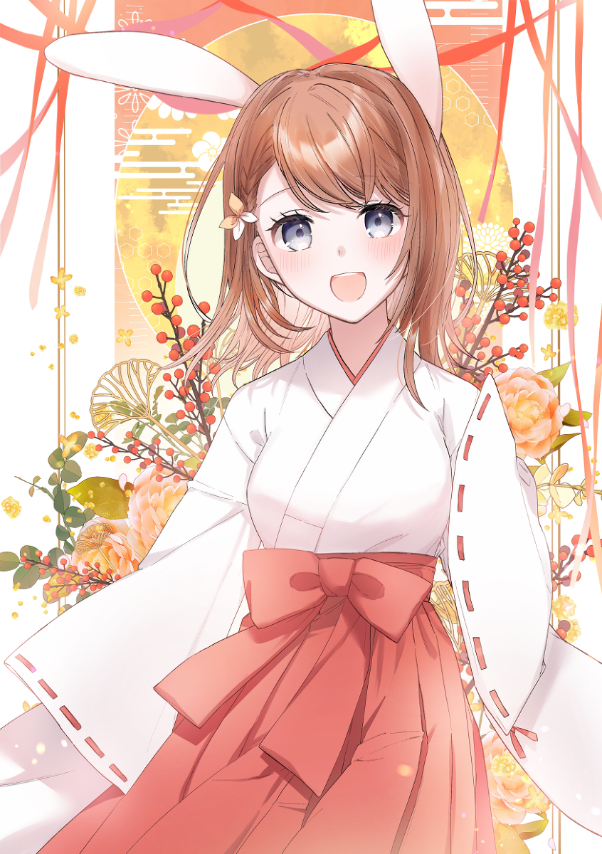 This is a pixiv picture whose title is うさ耳巫女みのりちゃん🐰🧡.