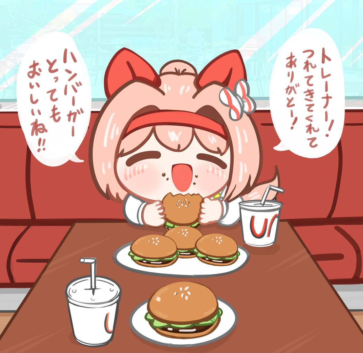 This is a pixiv picture whose title is ウララちゃんとウマさんぽする妄想 食事編🌸🍔.