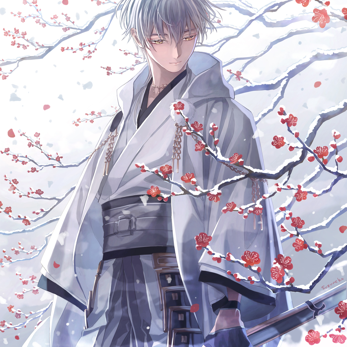 This is a pixiv picture whose title is 紅梅と雪.