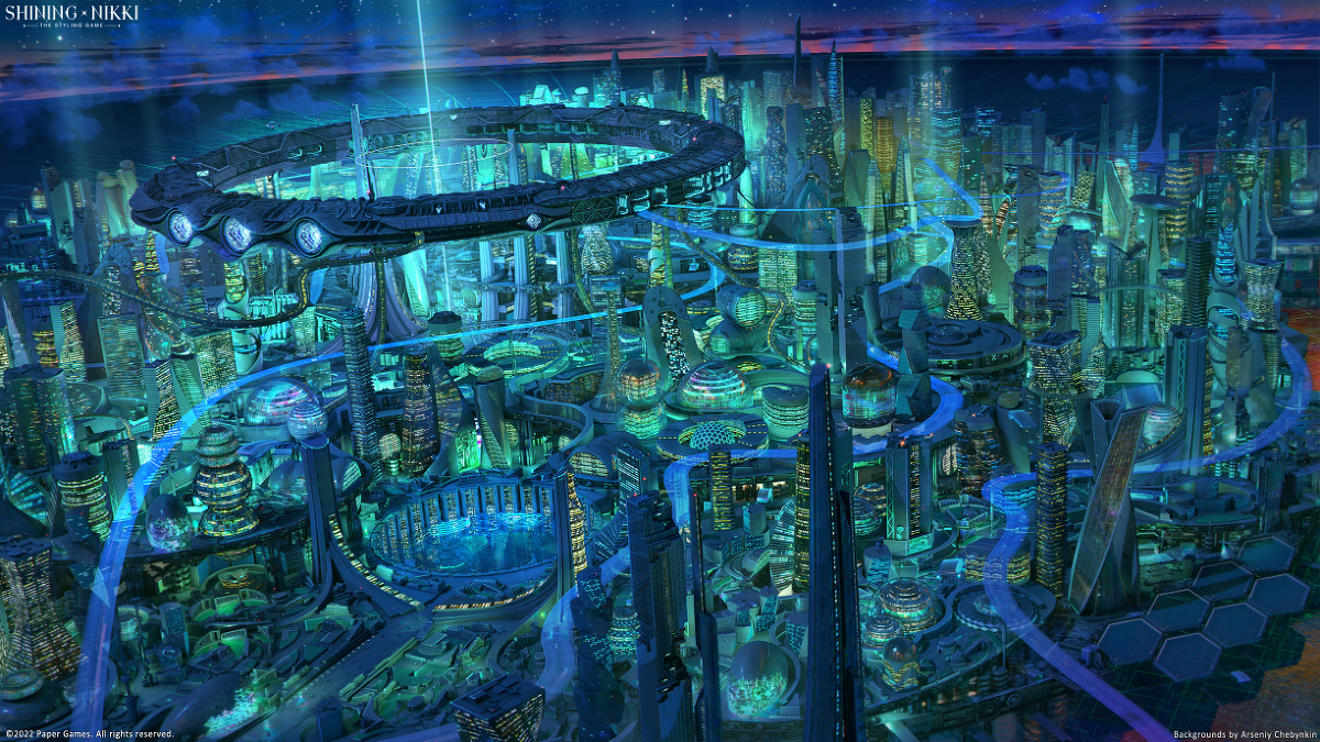 This is a pixiv picture whose title is 未来都市/Future city (Shining Nikki).