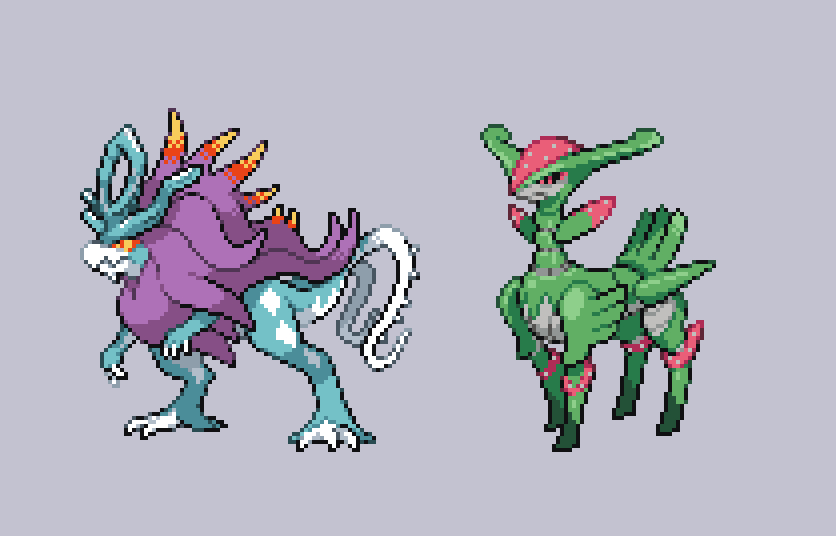 This is a pixiv picture whose title is 【ポケモンBW風ドット絵】ウネルミナモ・テツノイサハ.