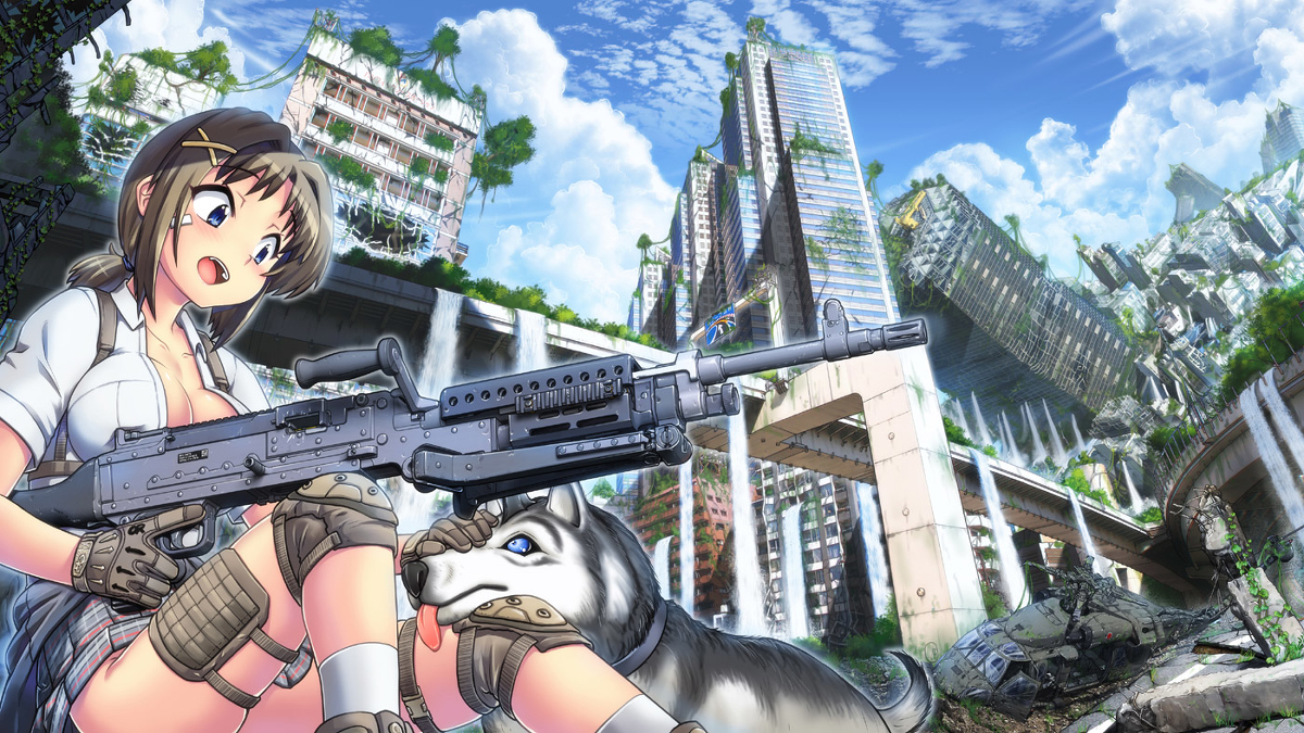 This is a pixiv picture whose title is 女子高生とM240B.