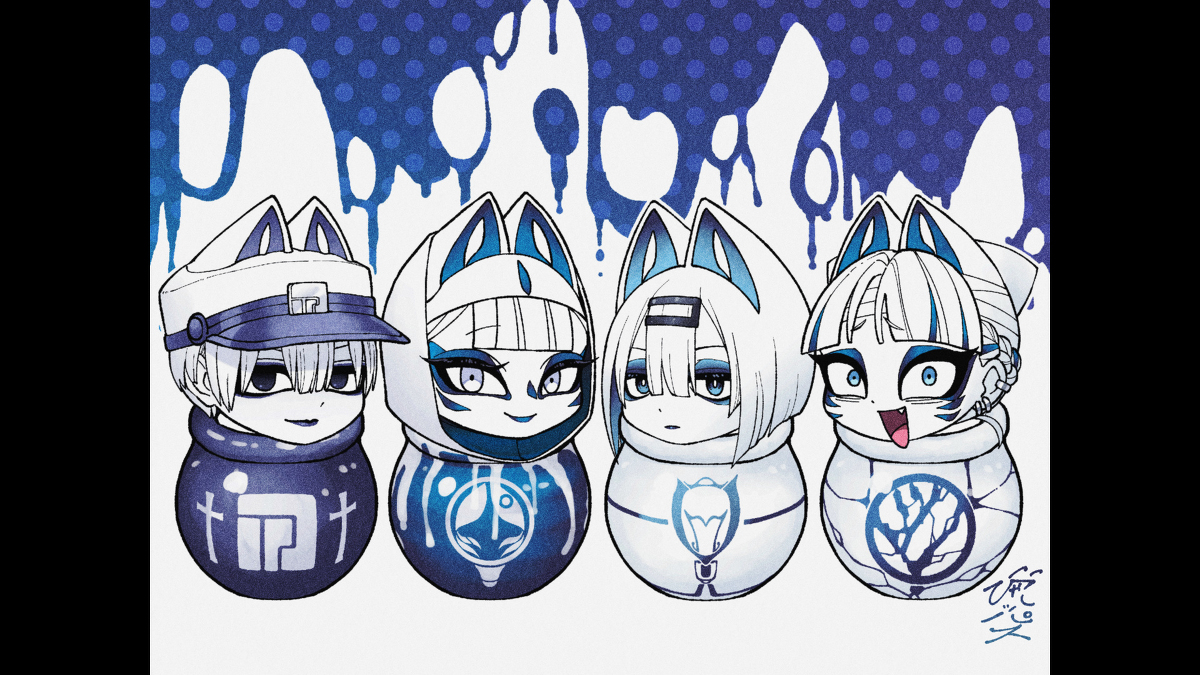 This is a pixiv picture whose title is びゃッ首姿の4人組.