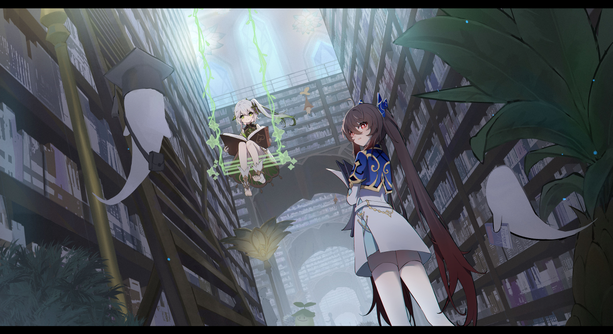 This is a pixiv picture whose title is 胡桃和纳西妲~.