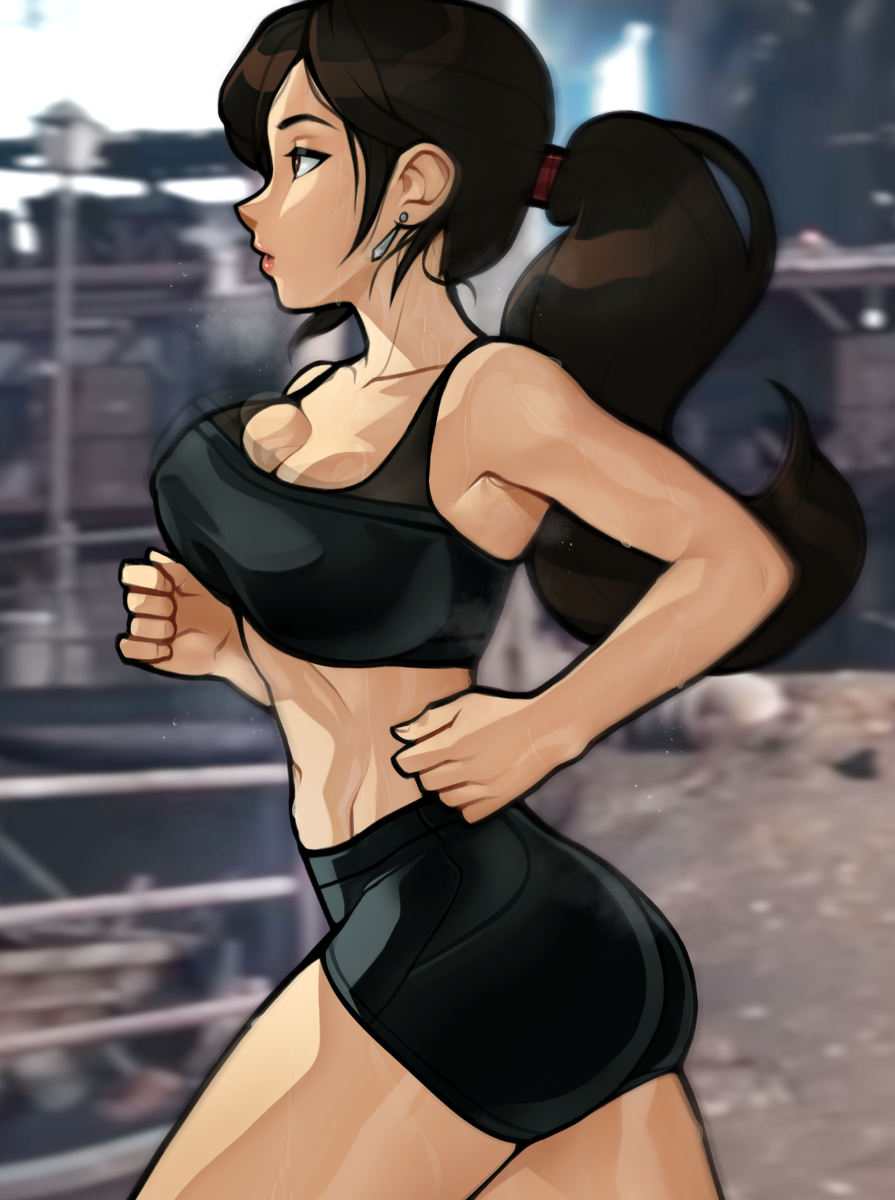 This is a pixiv picture whose title is tifa jogging in the slums.