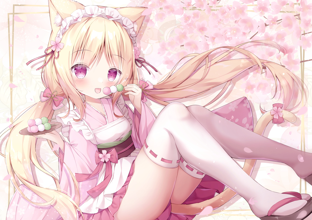 This is a pixiv picture whose title is 春のねこみみ和メイド.