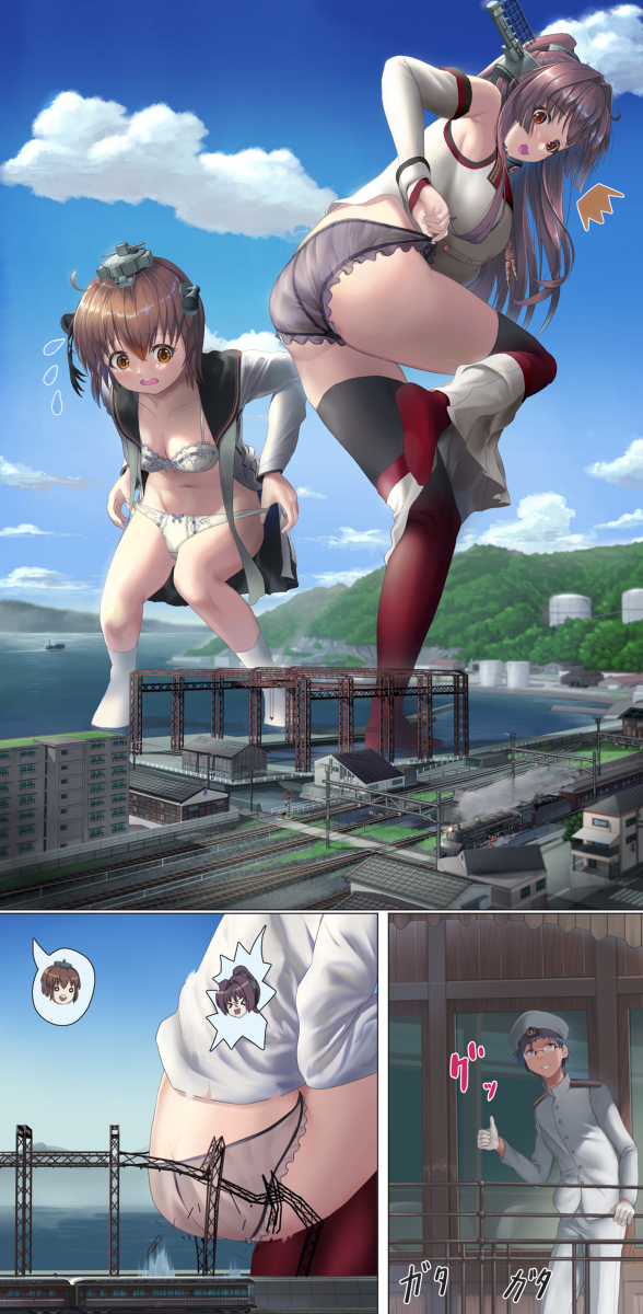 This is a pixiv picture whose title is 着替えを覗かれた艦娘の動作による倒壊事故.