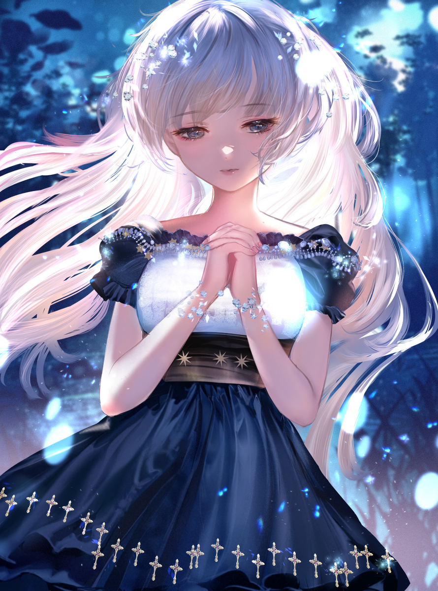 This is a pixiv picture whose title is 青い夜の祈り.