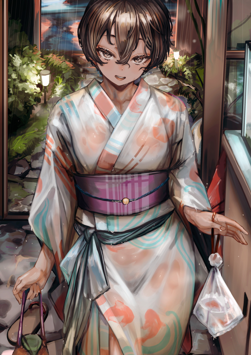 This is a pixiv picture whose title is ”祭り当日　にわか雨　雨宿りしてもいい？”.