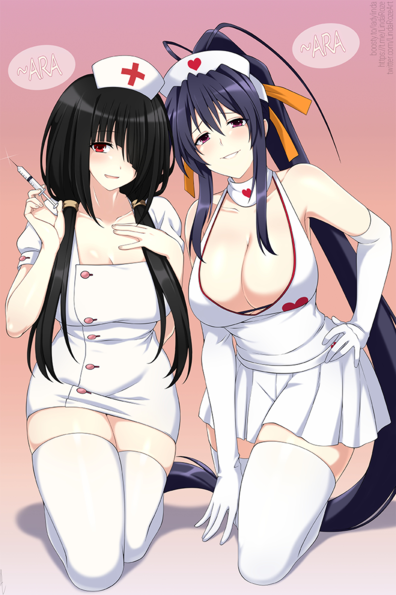 This is a pixiv picture whose title is Kurumi Tokisaki x Akeno Himejima.