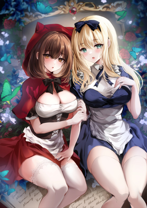 This is a pixiv picture whose title is 【夢見る童話少女－赤ずきんとアリス－】B2タペストリー.