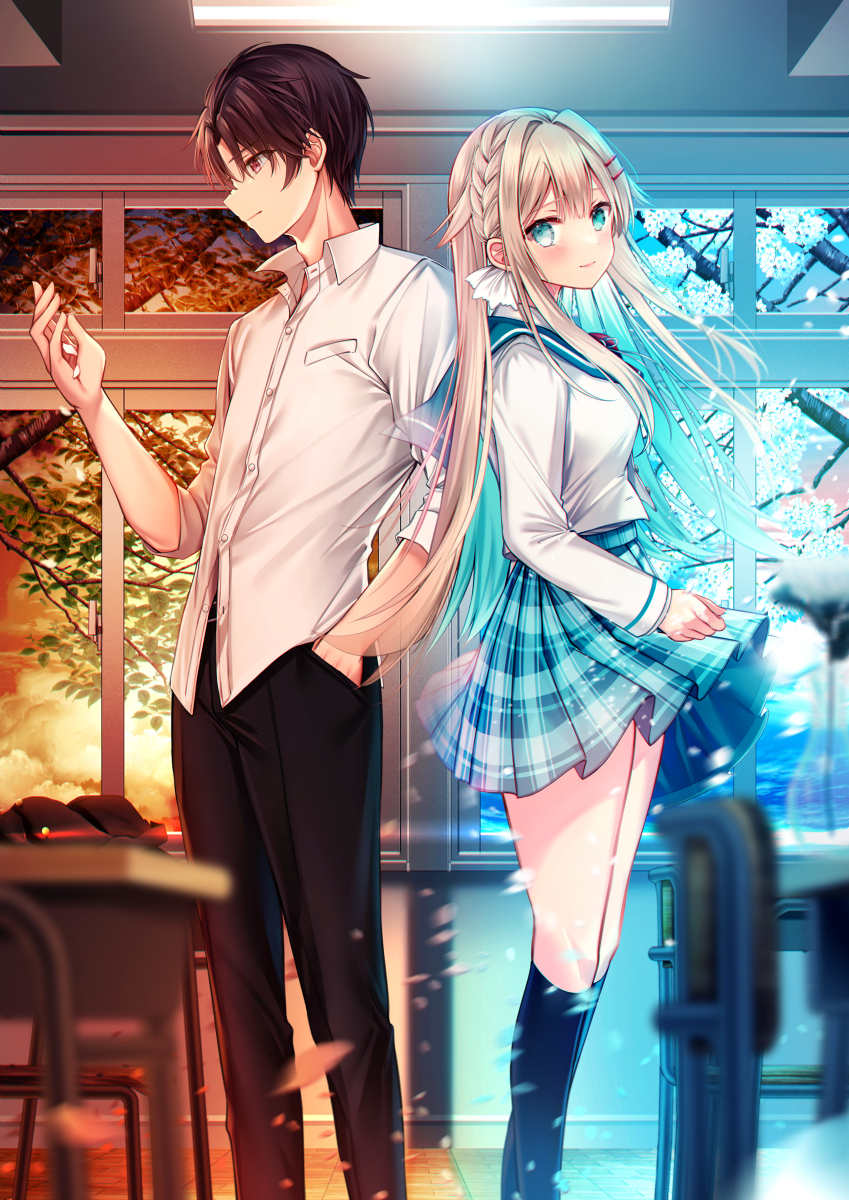 This is a pixiv picture whose title is 「霧桜に眠る教室で、もう一度だけ彼女に会いたい」.