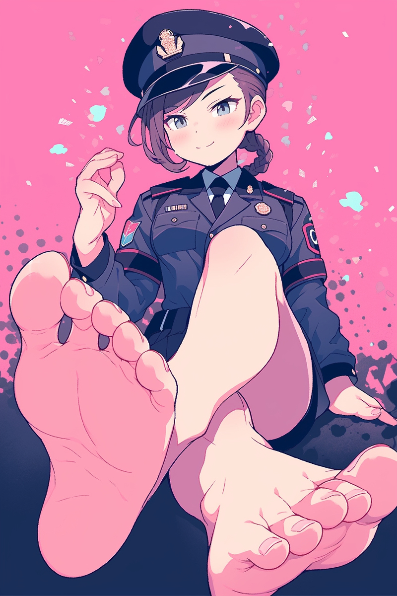 This is a pixiv picture whose title is 婦人警官の素足、足の裏、制服.