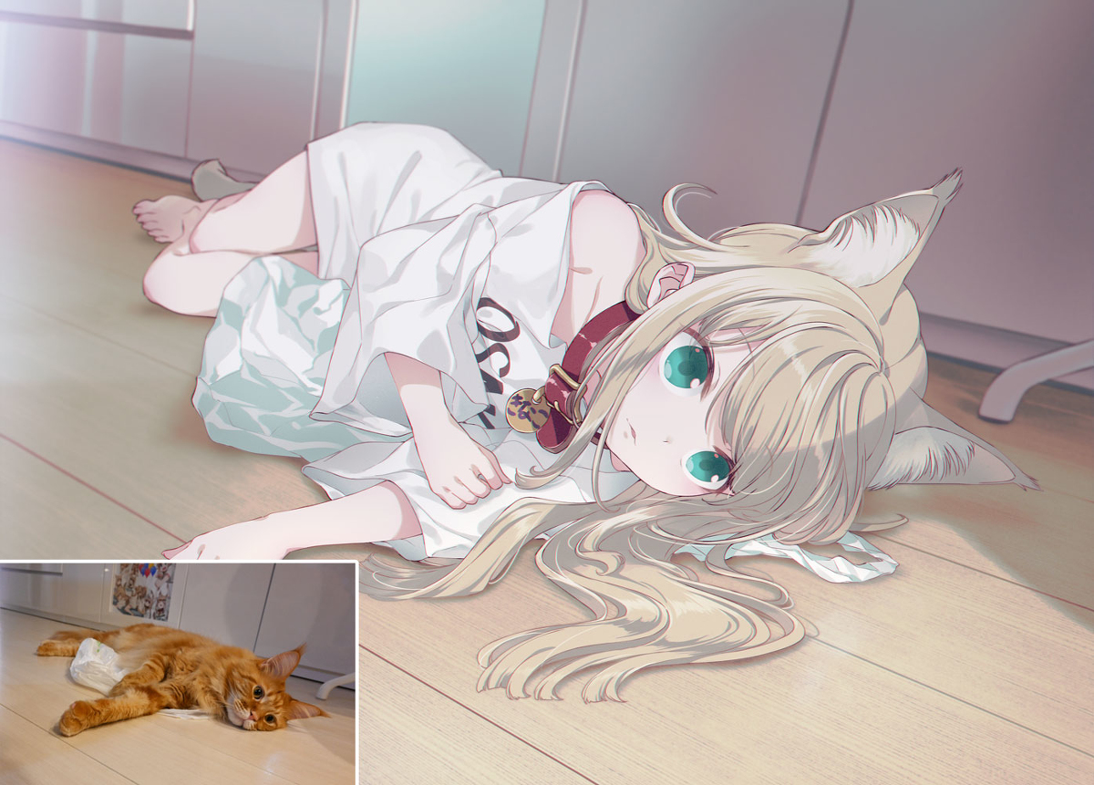 This is a pixiv picture whose title is 袋に入ってるつもりでいる猫🐈🐾.