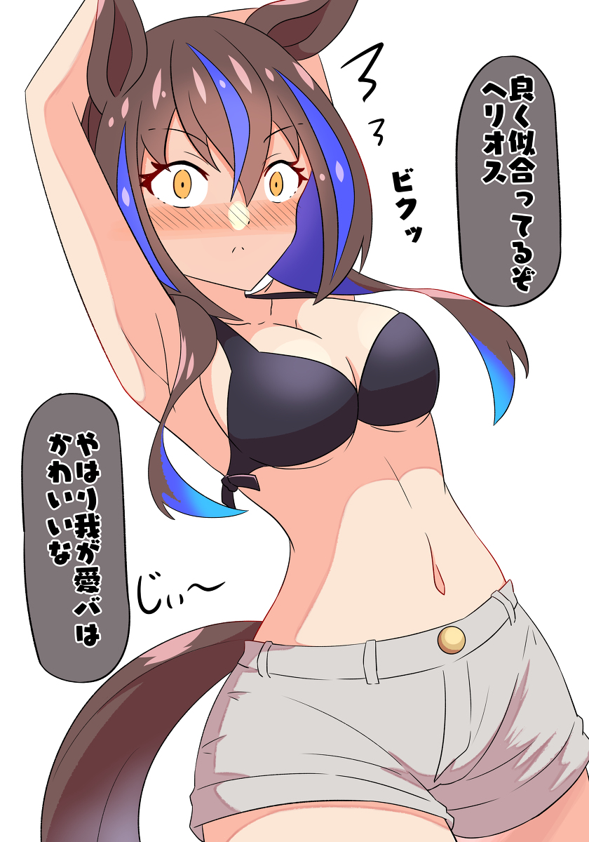 This is a pixiv picture whose title is トレーナーに水着を褒められるヘリオス.