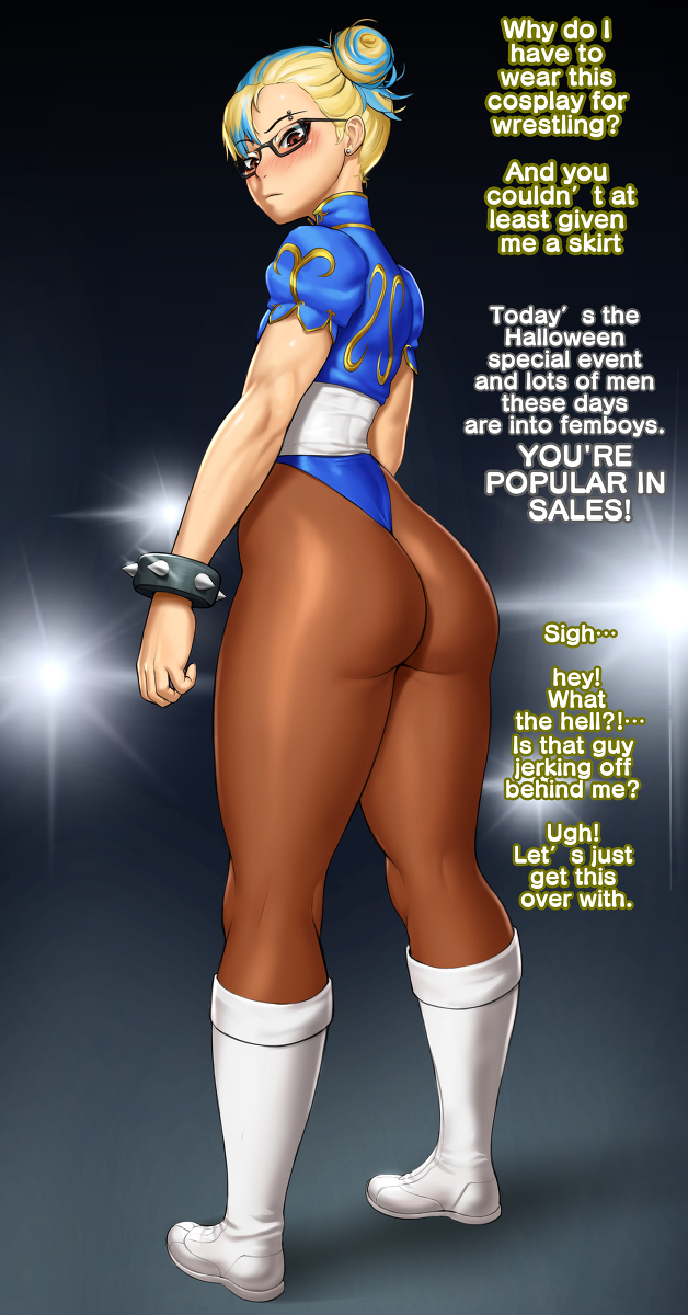 This is a pixiv picture whose title is Femboy in Chun Li cosplay.