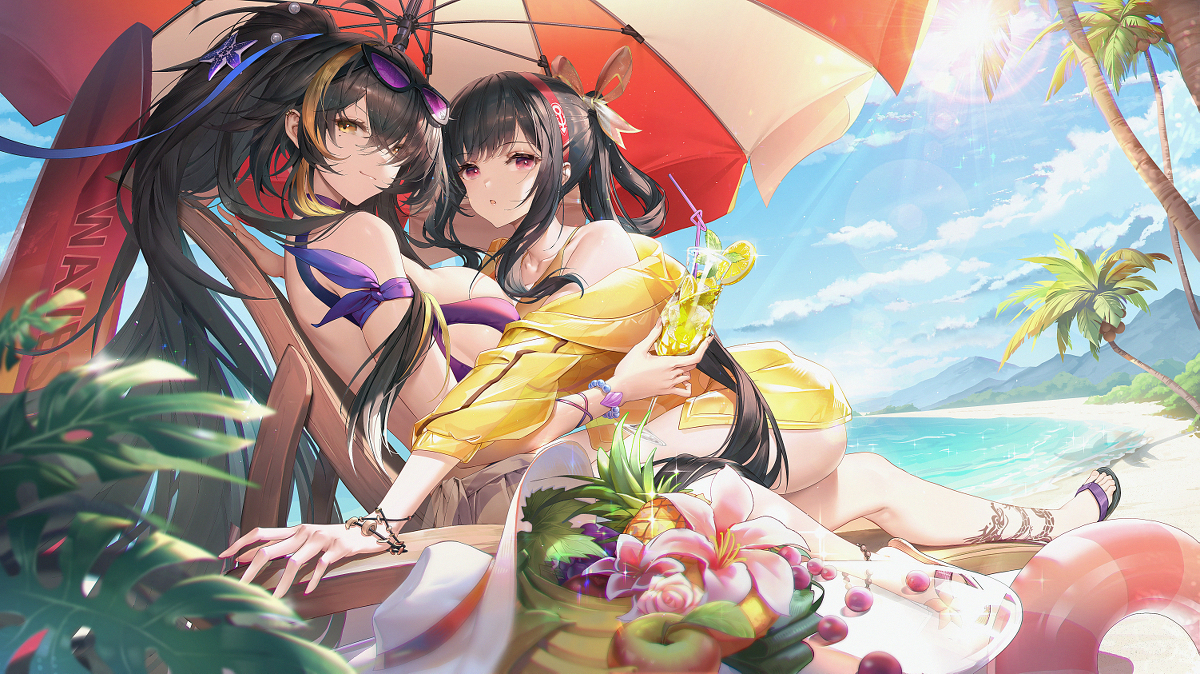 This is a pixiv picture whose title is 碧蓝航线6周年夏日沙滩贺图.