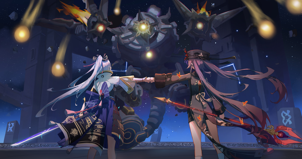 This is a pixiv picture whose title is 绫华胡桃VS永劫龙兽.