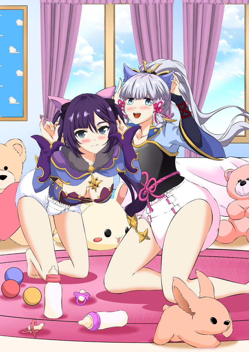 This is a pixiv picture whose title is Ayaka and Mona Happy Diaper.