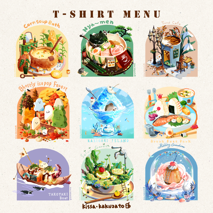 This is a pixiv picture whose title is 食べ物ヴィネット Tシャツ.