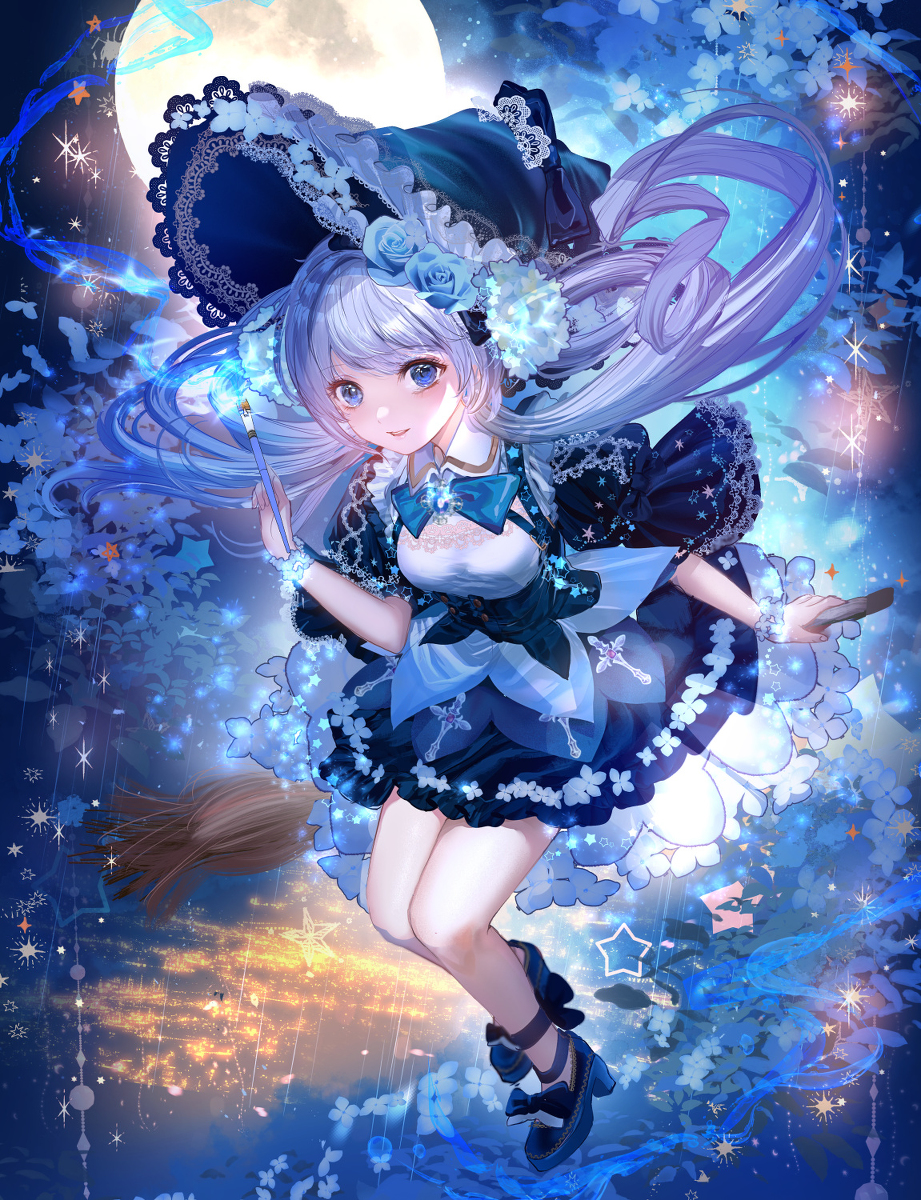 This is a pixiv picture whose title is 空飛ぶお絵描き魔女(全身版).